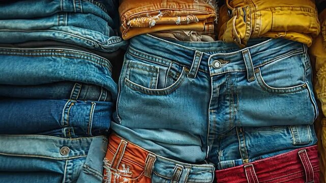 Stacked denim jeans in various colors