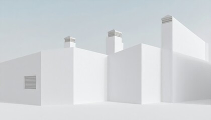 Architectural Minimalist Building with Geometric White Exterior and Chimneys under Bright Daylight