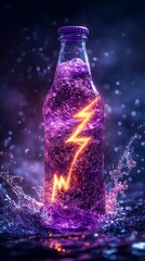 Purple Energy Drink Bottle with Lightning Against a Stormy Background