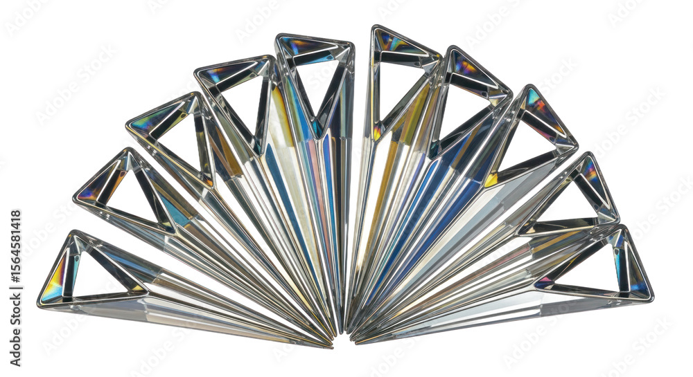 Poster abstract geometric structure with reflective rainbow crystal triangles on isolated transparent backg