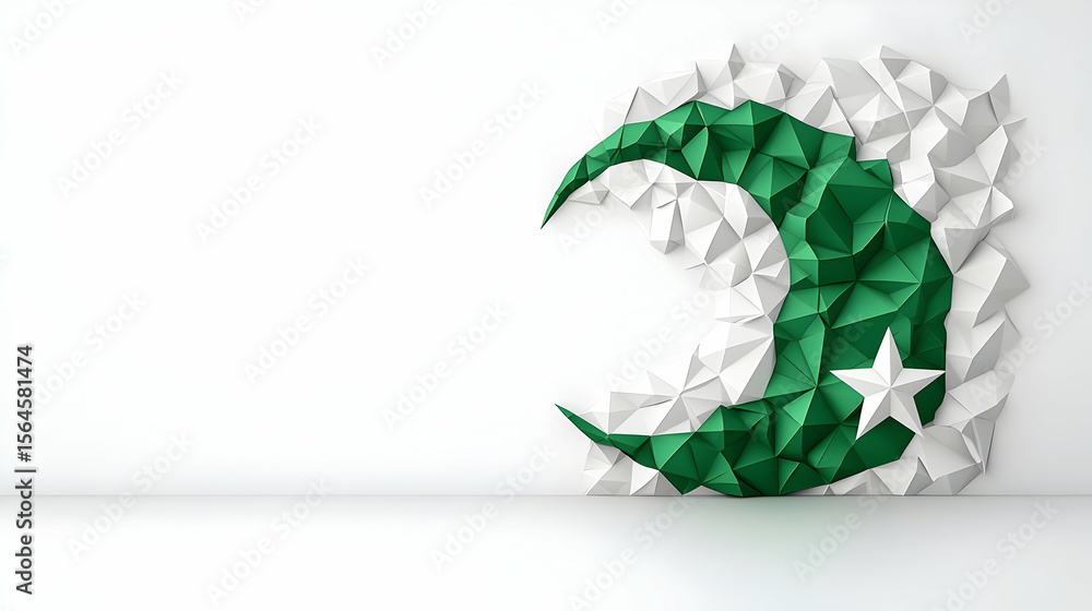 Fototapete a minimalist vector design of the crescent and star with a backdrop of green and white geometric sha