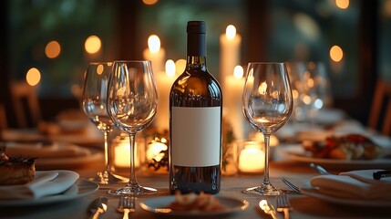 Elegant Fine Dining Table with Blank Wine Bottle Centerpiece