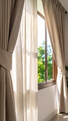 Beige Curtains Framing A Sunny Window In A Brightly Lit Interior Space