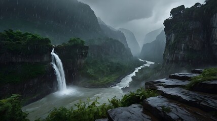 Explorer Overlooking a Vast Rainy Valley with Waterfalls