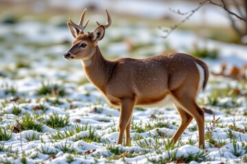 Fototapeta premium a deer shedding its winter coat as green grass replaces snow, nature preparing for a season of growth.