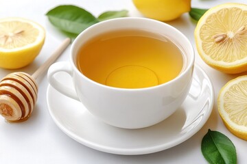 Freshly brewed hot tea with lemon wedges and honey on table