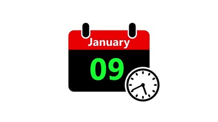 09 january month calendar with time symbol. Simple calendar icon animation and date change of time month.