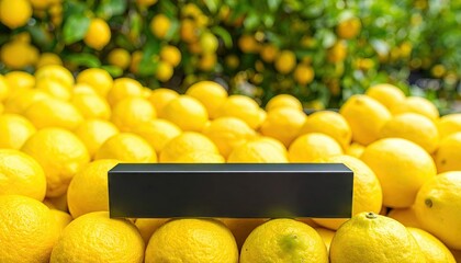Bright Yellow Lemons with a Black Rectangle Display and Green Foliage Background
