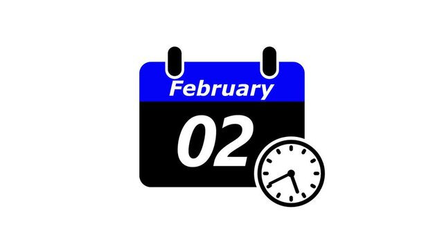 02 february month calendar with time symbol. Simple calendar icon animation and date change of time month.