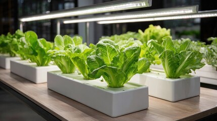 Lettuce Plants in Hydroponic System Under Grow Lights