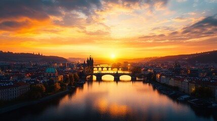 Fototapeta premium Stunning aerial view of a city skyline at sunset over a river with historic bridges and vibrant sky scene