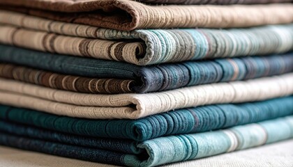 Close Up Of A Stack Of Folded Textured Fabric Displaying Teal Blue And Brown Colors