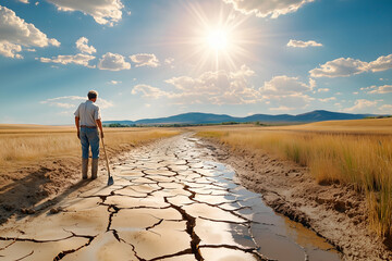 climate change concept: a farmer standing on dry, cracked land during a drought