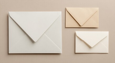 Three blank envelopes of varying sizes and shades of white/cream are arranged on a neutral beige background, creating a minimalist and clean aesthetic. High quality