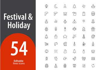 Festival and Holiday Line Icons, Fireworks, Gift Box, Christmas Tree, Lantern, Calendar, Editable Formats: AI, EPS, JPG, I
