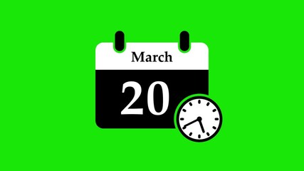 20 march month calendar with time symbol. Simple calendar icon animation and date change of time month.