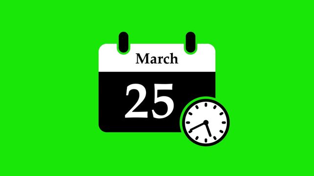 25 march month calendar with time symbol. Simple calendar icon animation and date change of time month.