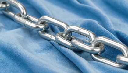 Close Up Of Silver Metal Chain Links On A Blue Textured Background