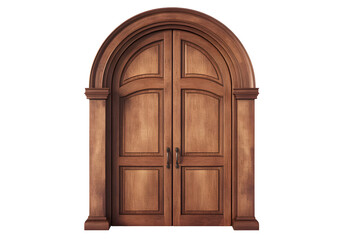 Elegant arched double wooden door isolated on black background illustration