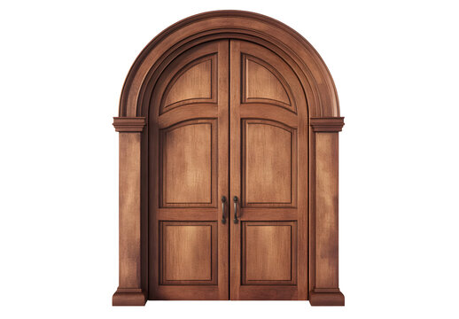 Elegant arched double wooden door isolated on black background illustration