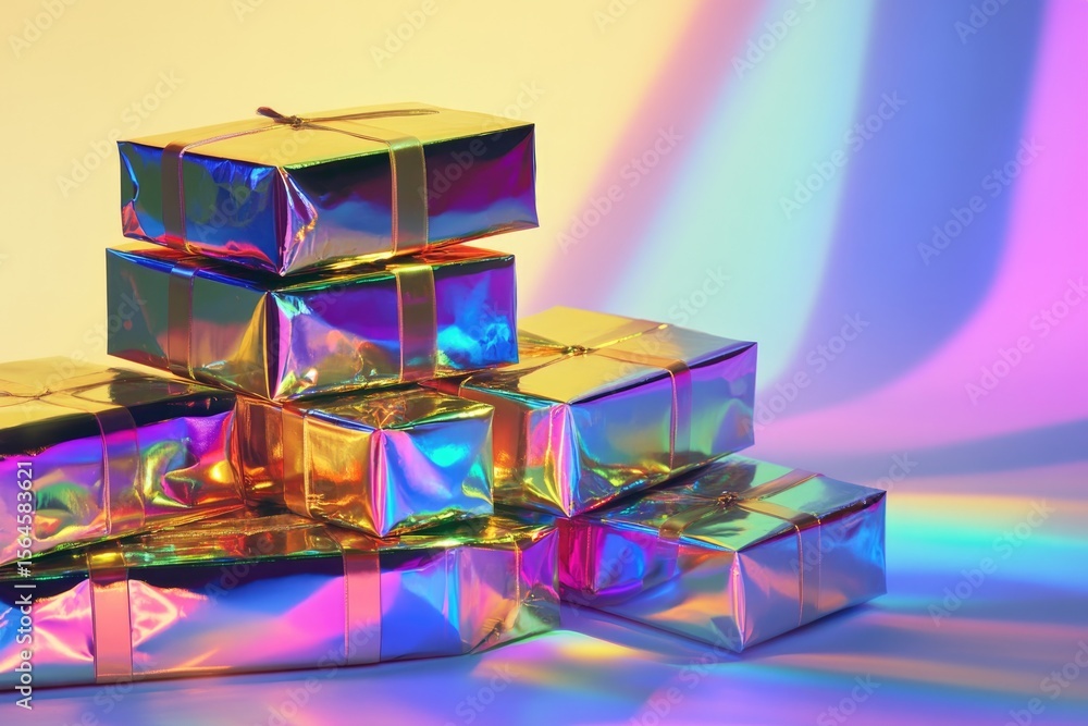 Poster shimmering gift boxes stacked with colorful reflections creating