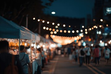 Obraz premium Vibrant night market bustling with people, decorated stalls, and