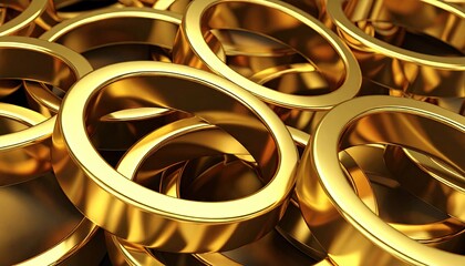 Close Up View Of Golden Rings Overlapping With Reflective Surfaces And Gleaming Light