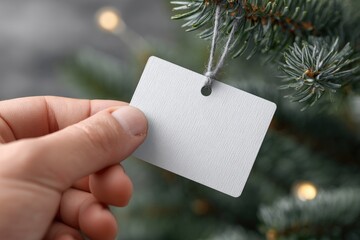 Hand holding blank gift tag on Christmas tree branch, soft bokeh