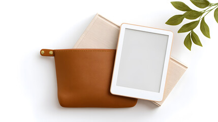 Digital tablet with blank screen lies partially inside a brown leather pouch, paired with a white notebook. The soft shadows and clean layout highlight digital lifestyle and organization. 