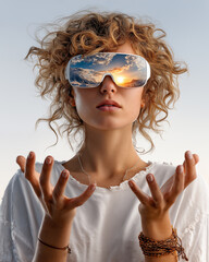Portrait of a beautiful young girl with curly hair in a white blouse and vr glasses