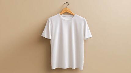 Clean minimalist product mockup with a blank white tshirt hanging on a wooden hanger against a neutral background. High quality