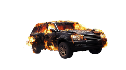 Burned SUV with extensive fire damage, charred metal and billowing smoke isolated on transparent background, high-resolution PNG cutout for emergency safety and automotive accident design