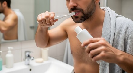 Dental hygiene mockup featuring a handsome man brushing his teeth in the bathroom, holding a blank toothpaste tube for branding.
