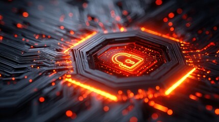 A glowing lock icon on a circuit board.