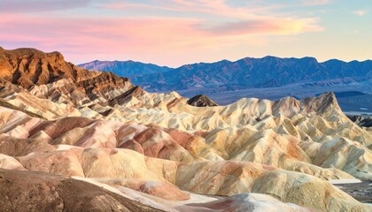 Colorful Badlands Landscape At Sunrise With Mountain Range In Background
