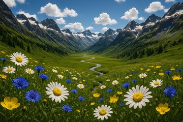 Obraz premium Serene mountain valley vista featuring vibrant wildflowers, a meandering stream, and snow-capped peaks under a clear blue sky.