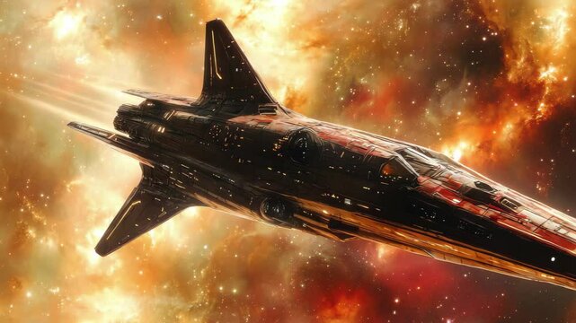 A long red spaceship speeds through a fiery nebula in this dramatic space exploration artwork