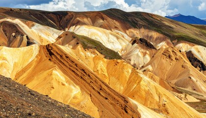 Colorful Layered Mountain Landscape Under Cloudy Sky Depicting Geology and Earth Formation
