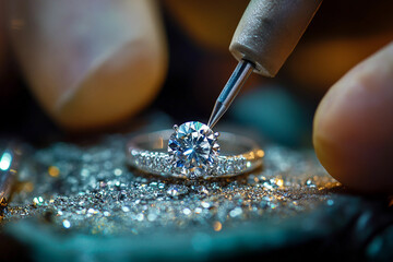 Jewelry maker working with luxury diamonds and gold chain, detailed craftsmanship in studio light, generative ai