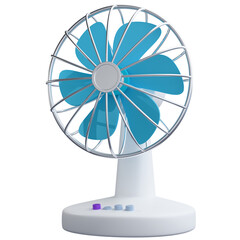 White fan with six blue blades for use on hot days. 3d illustration icon.