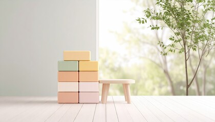 Colorful Pastel Blocks Stacked Beside A Small Wooden Stool Near A Bright Window with Green Tree View