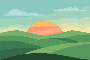 Obraz premium Serene Sunset Over Rolling Green Hills A Peaceful Landscape Illustration