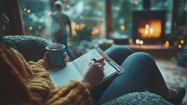 A woman sits by a fireplace, enjoying a warm cup of tea while writing in her journal