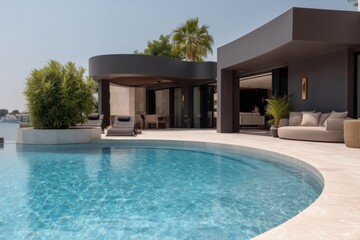 Fototapeta premium Luxurious property embodies modern architecture, sleek lines, and inviting outdoor spaces. A pristine pool, a testament to refined living, sits adjacent to a stylish, contemporary home.