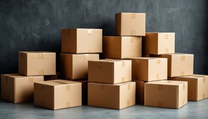 Fototapeta premium Cardboard boxes taped shut, stacked neatly on concrete floor near dark wall, representing storage, shipping, and relocation logistics