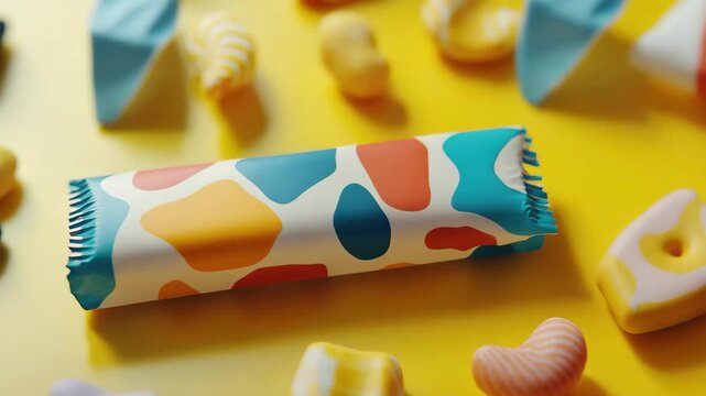 A colorful candy bar in abstract packaging rests on a yellow surface among various sweets