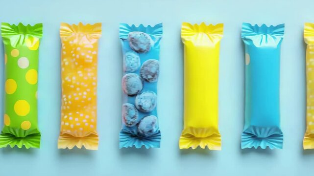 Five colorful candy bars with various fruit fillings are arranged on a pink and blue background