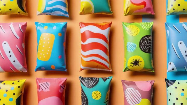 Overhead shot of numerous colorful poly mailers with abstract patterns arranged on an orange and blue surface