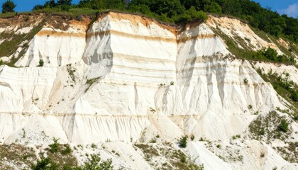 Detailed View Of Stratified White Cliff Face With Green Vegetation And Earth Layer Under Sunlight