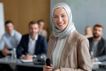 A Professional Woman in a Hijab Confidently Addresses an Audience During a Corporate Seminar in a Contemporary Conference Room